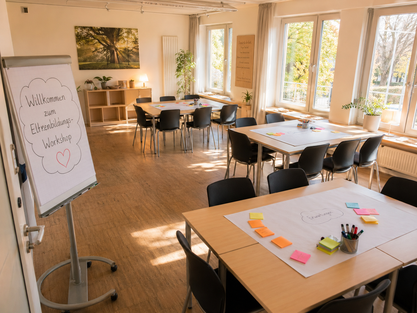 Vorbereiteter Seminarraum mit Tischinseln, Flipchartblättern, Post-its und Stiften — bereit für den Workshop, noch ohne Teilnehmende.