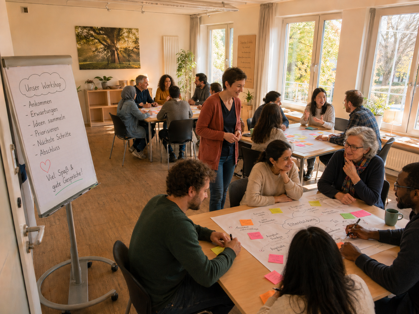Workshop-Szene: Fachperson moderiert an Tischinseln, Teilnehmende arbeiten mit Post-its und Flipchartblättern.